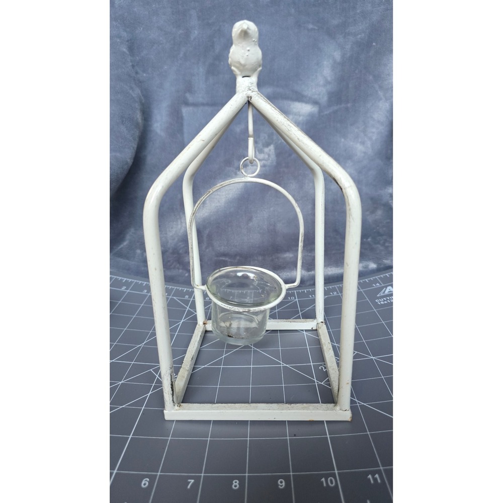 White Metal Birdhouse Votive Candle Holder Rustic Farmhouse Decor with Glass Cup